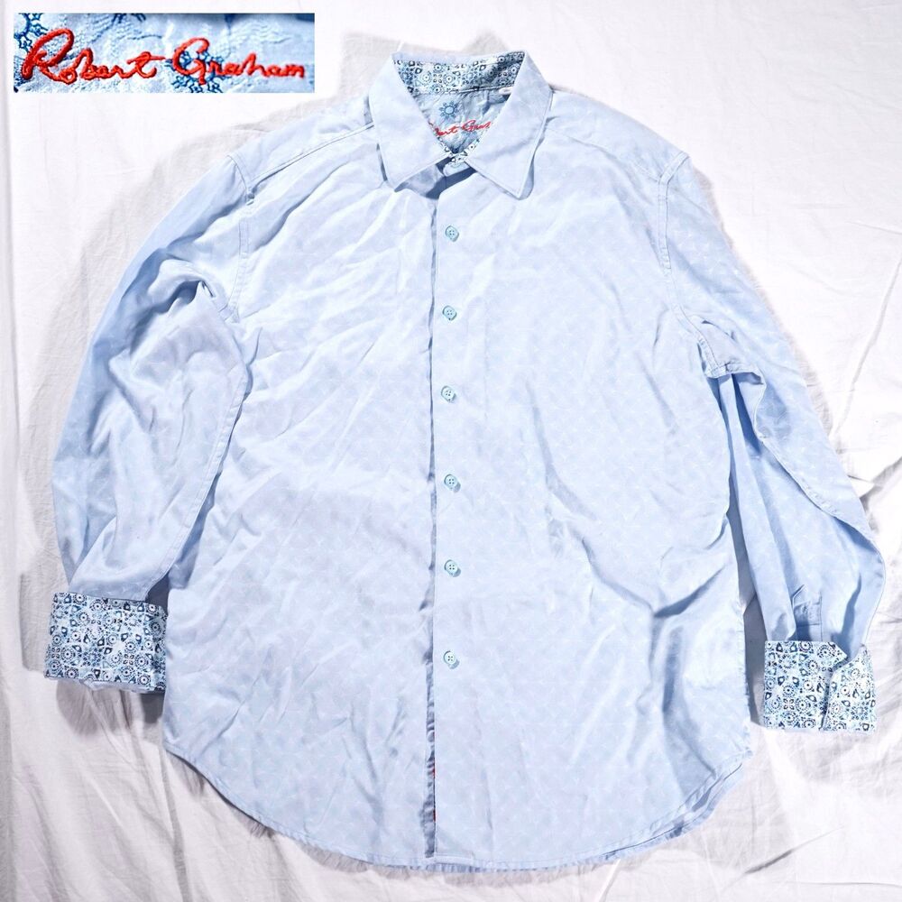 Robert Graham Button Up Dress Shirt Blue Floral Flip Cuff Mens Large